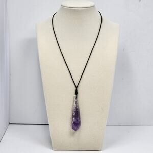 Raw Amethyst Pendant Black Rope Necklace